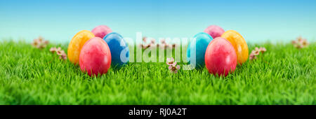 Many colorful easter eggs on a green meadow as easter panorama header Stock Photo