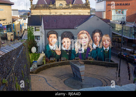 Derry, Northern Ireland - January 29 2019: Mural on a pub depicting the main characters in Channel 4's tv show 'Derry Girls' Stock Photo