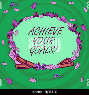 Writing note showing Achieve Your Goals. Business photo showcasing accomplish goal or to do something you set out be done Wreath Made of Different Col Stock Photo