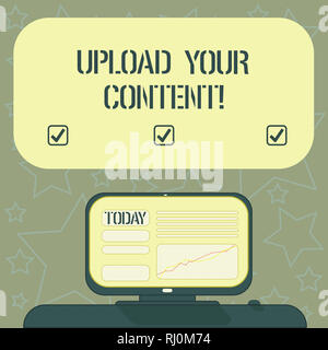 Handwriting text writing Upload Your Content. Concept meaning transmission file from one computer system to internet Mounted Computer Screen with Line Stock Photo