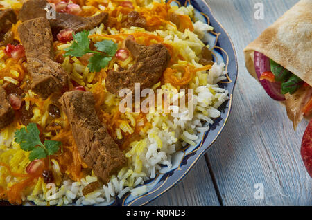 Afghani Pulao, Afghani uisine, central Asia Traditional assorted dishes, Top view. Stock Photo