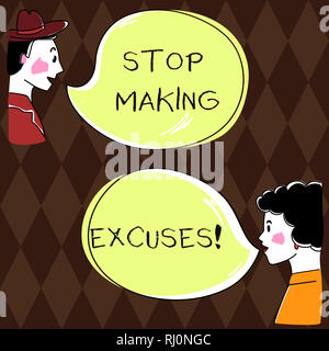 Word writing text Stop Making Excuses. Business concept for do not explanation for something that went wrong Hand Drawn Man and Wo analysis Talking ph Stock Photo
