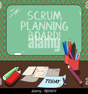 Conceptual hand writing showing Scrum Planning Board. Business photo showcasing visual display of the progress of the Scrum team Mounted Blackboard wi Stock Photo