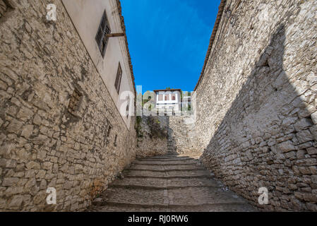 Berat, Albania - Old town, historic city .Tiny stone streets with white stone houses built in ottoman style. also called city of a thousand windows. Stock Photo