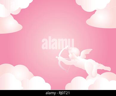 Cute Cupid hold arrow with clouds  on pink background for Valentines day greeting card, Vector Illustration Stock Vector