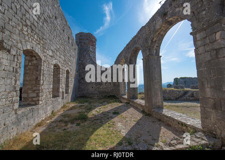 Ruins of Rozafa Castle and fortress , St. Stephan Church, Shkoder , Albania. surrounded by the Buna and Drin rivers. oldest and most historic town Stock Photo