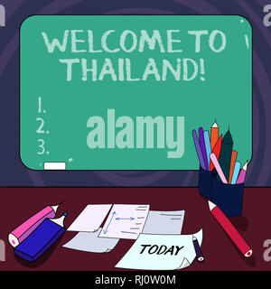 Handwriting text Welcome To Thailand. Concept meaning inviting showing or tourist to visit your home country Mounted Blank Color Blackboard with Chalk Stock Photo