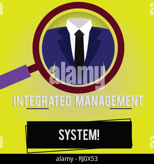 Handwriting text Integrated Management System. Concept meaning combines all components of a business into one Magnifying Glass photo Enlarging Inspect Stock Photo