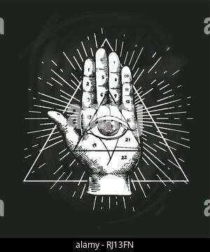 All Seeing Eye Triangle Geometric Vector Design. Providance Pyramid Tattoo Symbol with Occult Secret Hand Sign. Mystic Spiritual Illuminati Emblem Ske Stock Vector