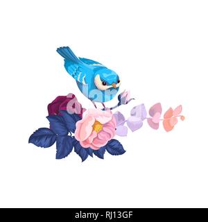 Spring Bird on Flower Branch Watercolor Artwork. Floral Summer Abstract Bouquet with Blue Leaf and Nightingale. Romantic Twig Blossom Background Flat  Stock Vector