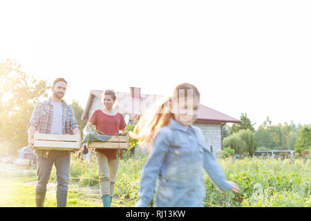 Parents carrying organic vegetables in crate while looking at daughter in farm Stock Photo