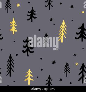 Hand drawn Christmas background with Cute Fir Trees.. Vector. Stylish and Pleasant Palette. Doodle New Year ink seamless pattern. Stock Vector