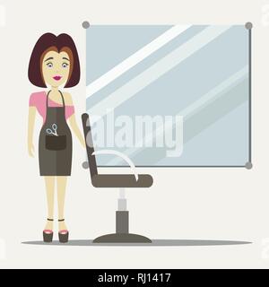 Caucasian stylist standing near armchair. Hairdresser standing at workplace in barber shop. Vector flat design illustration isolated on white backgrou Stock Vector