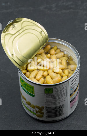 An opened can of flageolet beans in water bought from a Waitrose supermarket. England UK GB. Photographed on a dark, slate background Stock Photo