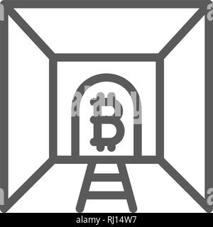 Bitcoin with tunnel mine, blockchain, cryptocurrency line icon. Stock Vector
