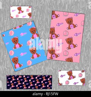 Background Pink Baby Teddy Bear with Toys. Ball and rattle. For cards, fabric, print. vector illustration. Stock Vector