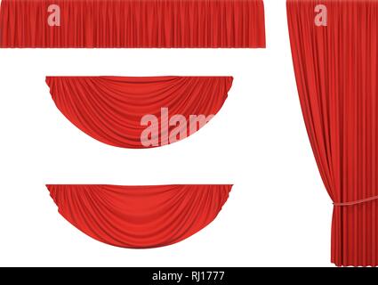 Set of red curtains and pelmet drapery for interior, performance event, isolated on white background. Vector illustration Stock Vector
