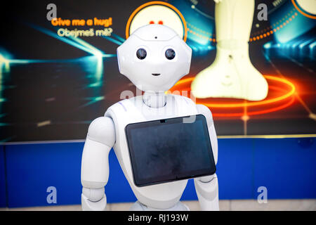 Prague, Czech republic - 01.02.2019: The Robot consultant with digital tablet in Prague airport in Czech republic. The robot is making multi-lingual a Stock Photo