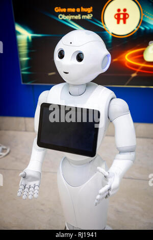 Prague, Czech republic - 01.02.2019: The Robot consultant with digital tablet in Prague airport in Czech republic. The robot is making multi-lingual a Stock Photo