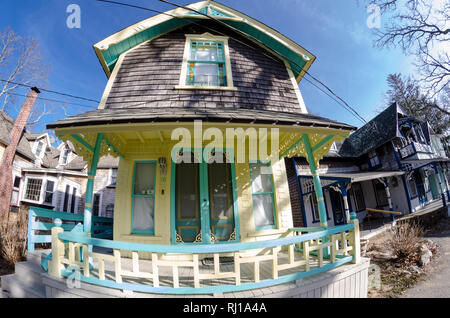 MARTHA'S VINEYARD, MA - April 5, 2018: Carpenter Gothic Cottages with Victorian style, gingerbread trim in the village of Oak Bluff in Cape Cod Stock Photo