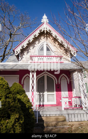 MARTHA'S VINEYARD, MA - April 5, 2018: Carpenter Gothic Cottages with Victorian style, gingerbread trim in the village of Oak Bluff in Cape Cod Stock Photo