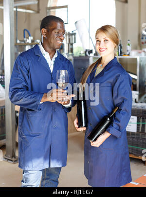 Two confident workers of winery testing new wine in glass Stock Photo