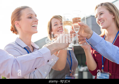 Business colleagues toasting wineglasses during success party on rooftop Stock Photo