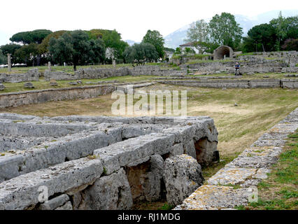 The public pool at the ancient Greek archaeological ruins of Paestum in Southern Italy. Stock Photo