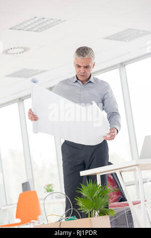 Mature architect looking at blueprint while standing by desk in new office Stock Photo