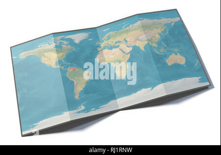 World map, Venezuela, drawn on a folded sheet, planisphere leaning on a surface, 3d rendering. Physical map Stock Photo