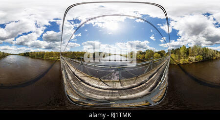 360 degree panoramic view of Aerial full seamless spherical 360 angle degrees view panorama from pedestrian suspension wooden bridge above wide river in sunny day in equirectangul