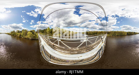360 degree panoramic view of Aerial full seamless spherical panorama 360 angle degrees view from pedestrian suspension wooden bridge above wide river in sunny day in equirectangul