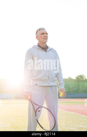 Back lit of confident mature man standing with tennis racket and ball on court against clear sky Stock Photo