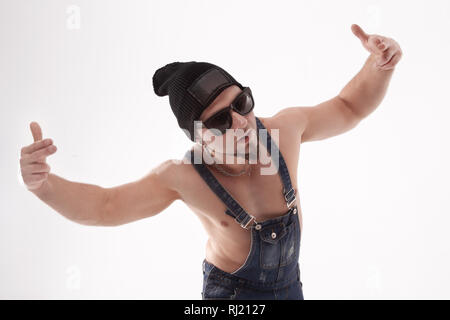 nice man dancing break dance in the Studio .isolated on white Stock Photo