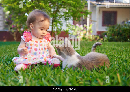 Baby girl playing with cat on green grass background Stock Photo