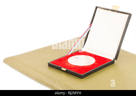 Silver medal and diploma isolated Stock Photo