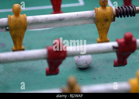 Buenos Aires, Argentina - February 2, 2019: Metal players of a typical argentine foosball table called metegol in Buenos Aires, Argentina Stock Photo