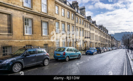 View looking down row of terraced Georgian houses in Gay Street, Bath, Somerset on 4 February 2019 Stock Photo
