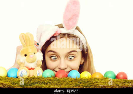 happy easter girl in bunny ears with colorful eggs, rabbit Stock Photo