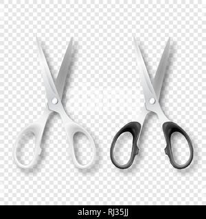 Vector 3d Realistic White and Black Metal Opened Stationery Scissors with Plastic Handles Icon Set Closeup Isolated. Design Template of Classic Stock Vector