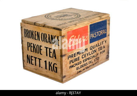 Small Wooden Box previously containing 1kg of Pure Ceylon Broken Orange Pekoe Tea. Stock Photo