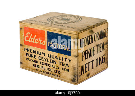 Small Wooden Box previously containing 1kg of Pure Ceylon Broken Orange Pekoe Tea. Stock Photo