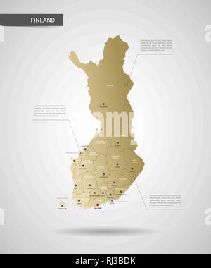 Stylized vector Finland map.  Infographic 3d gold map illustration with cities, borders, capital, administrative divisions and pointer marks, shadow;  Stock Vector