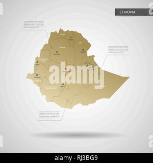 Stylized vector Ethiopia map.  Infographic 3d gold map illustration with cities, borders, capital, administrative divisions and pointer marks, shadow; Stock Vector