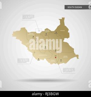 Stylized vector South Sudan map.  Infographic 3d gold map illustration with cities, borders, capital, administrative divisions and pointer marks, shad Stock Vector