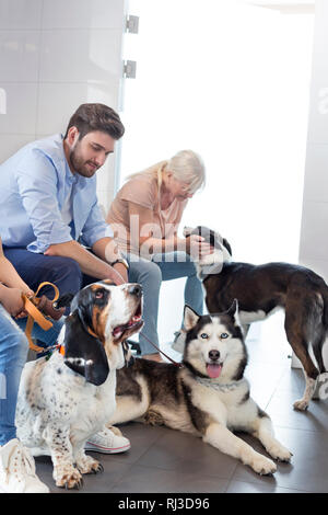 Pet owners waiting with dogs at veterinary clinic Stock Photo