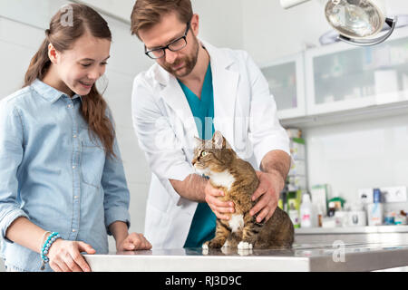 Doctor and girl looking at cat on table in veterinary clinic