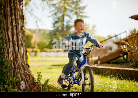 Young boy riding a bicycle in a back yard. Stock Photo