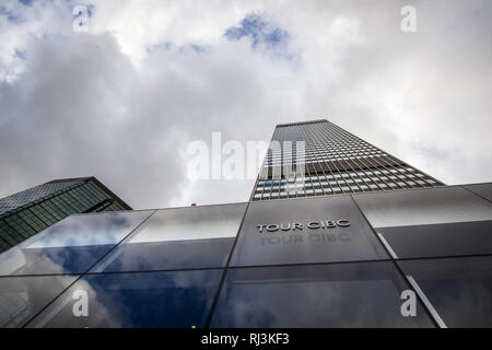 MONTREAL, CANADA - NOVEMBER 7, 2018: CIBC logo, in front of their main office for Montreal, Quebec, in Tour CIBC. Called as well Canadian Imperial Ban Stock Photo