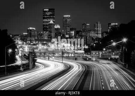 The Pittsburgh skyline and I-279 at night, in Pittsburgh, Pennsylvania. Stock Photo